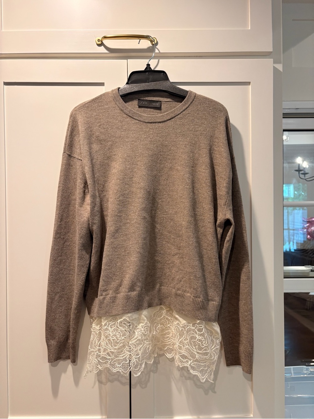 Zara Taupe Crewneck Sweater with Lace Hem